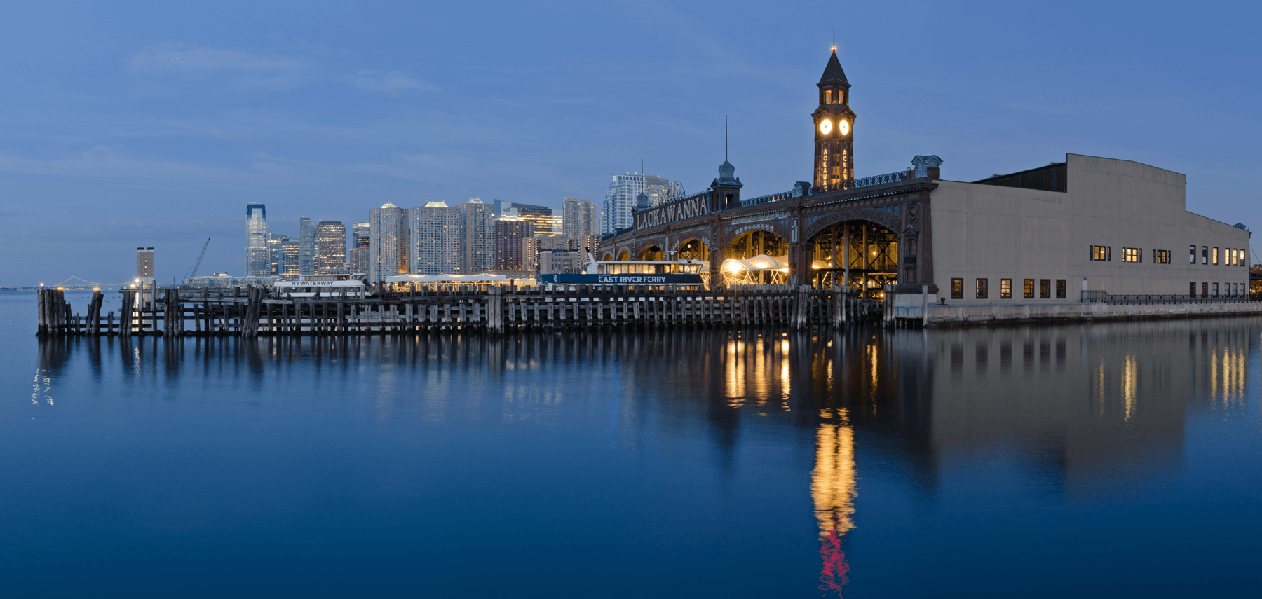Hoboken waterfront and terminal with Jersey City skyline