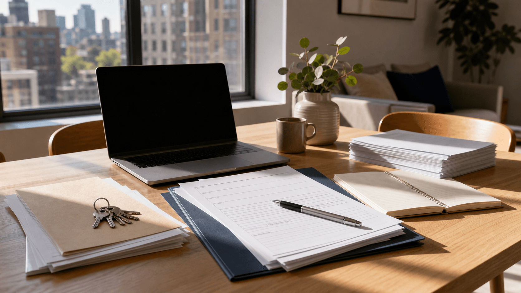 NYC rental application paperwork spread across an apartment table by a window