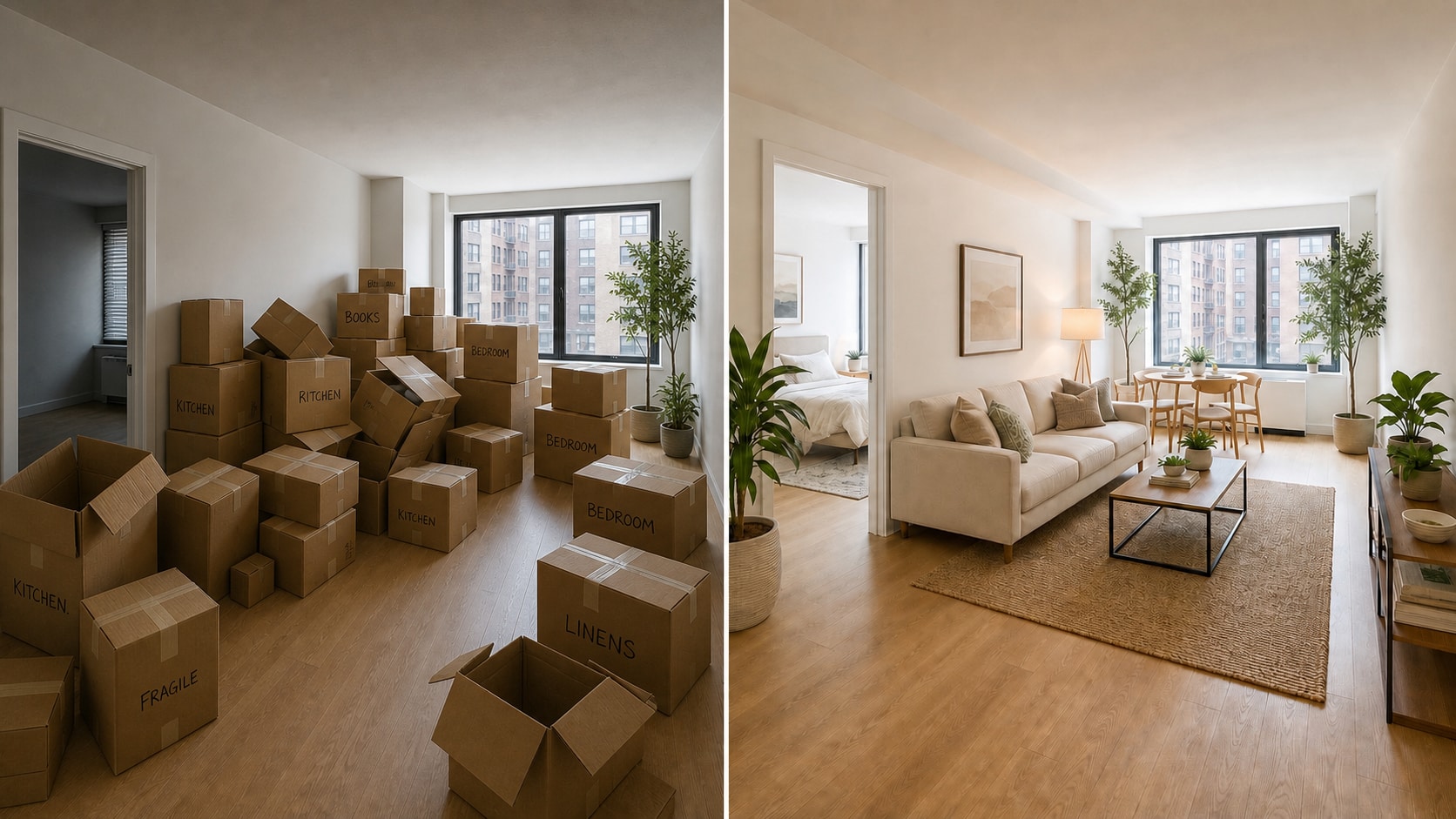 Messy moving boxes before and a finished apartment after Nestled House setup